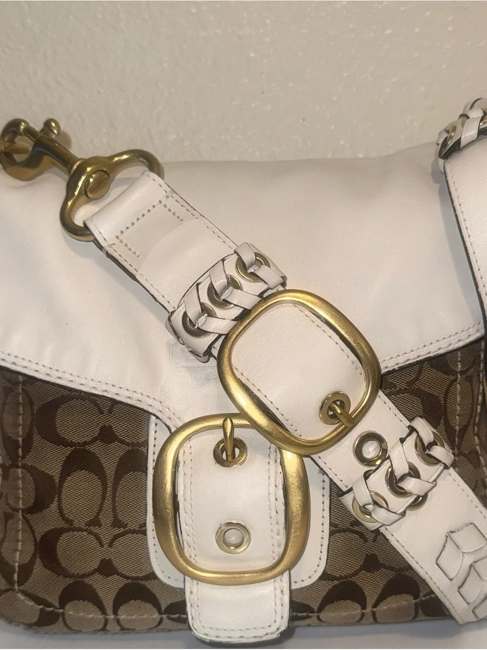 Coach White and Brown Signature Shoulder Bag with Brass Buckles